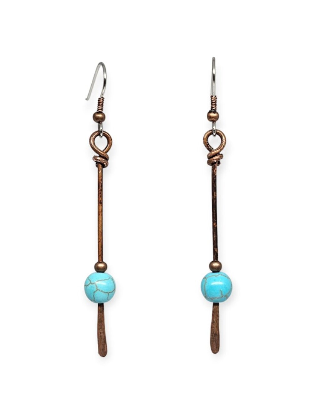 Handmade Copper Stick Dangle Earrings Blue Magnesite Beaded Boho Drop